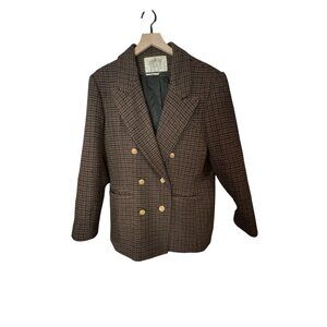 Vintage RZR Womens Double-Breasted Plaid Blazer Size 13/14 Wool Brown & Black Ma